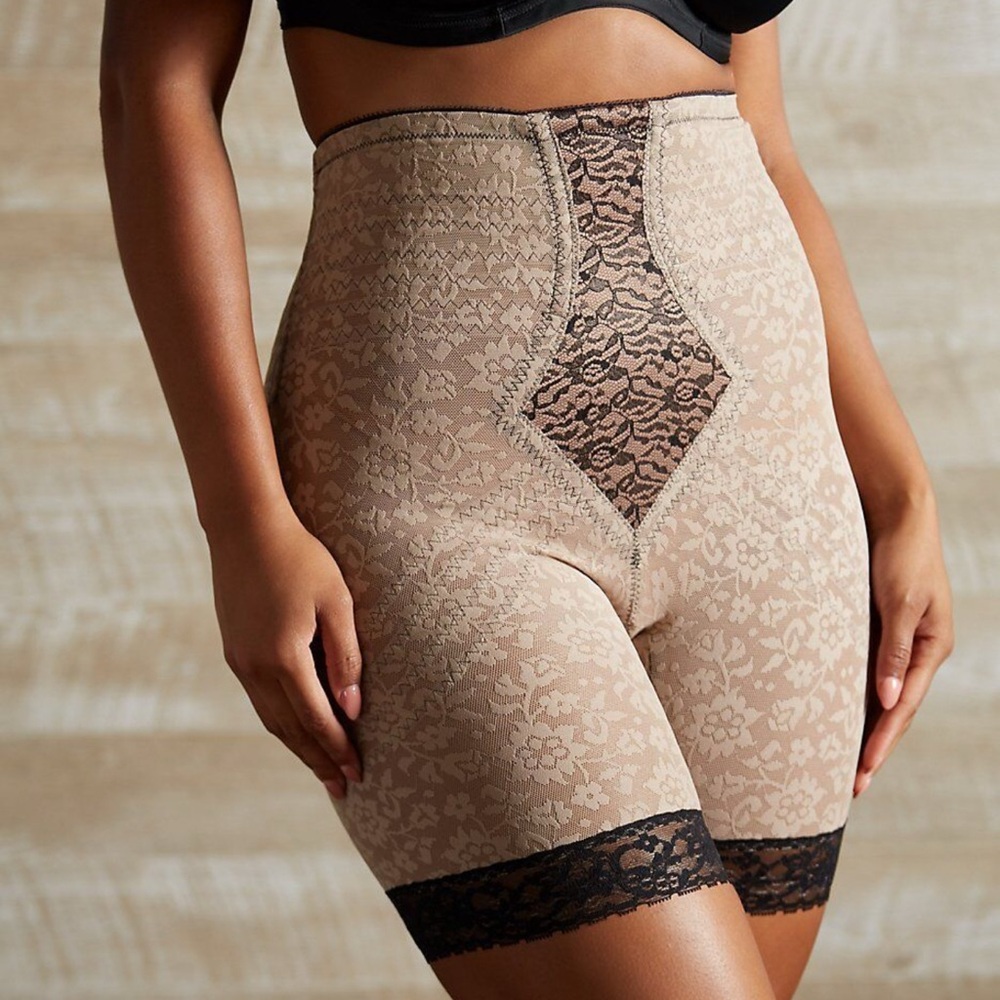 Lace Trim High-Waisted Shapewear Shorts - Tan and Black